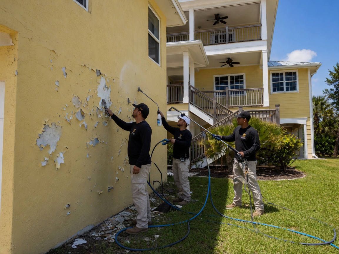 Royal Renovations crew preparing and cleaning a Southwest Florida home exterior before painting