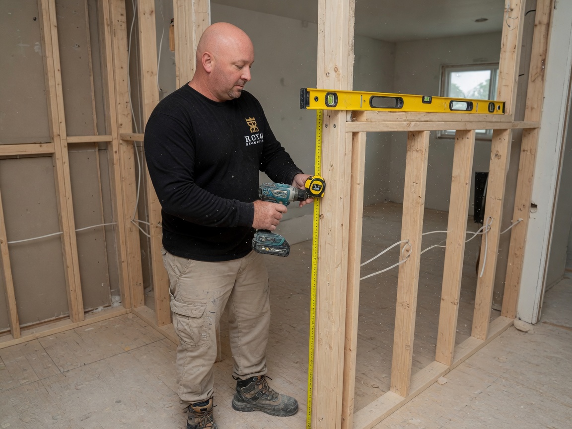 Royal Renovations crew framing an interior partition wall