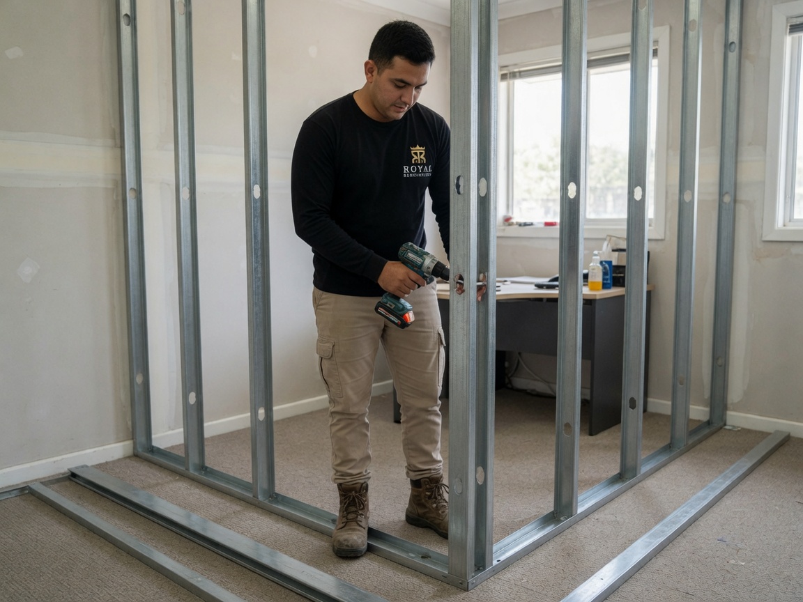 Royal Renovations crew installing metal framing for a small office partition