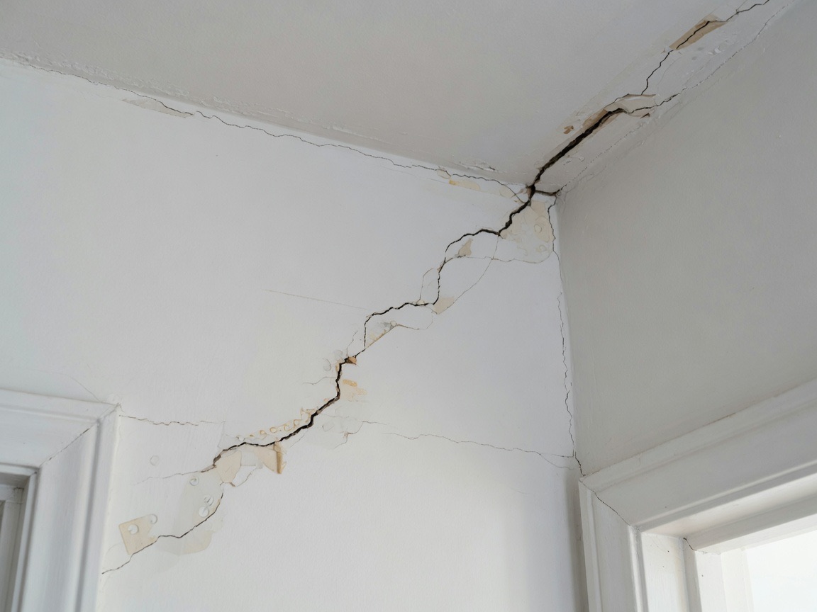 Residential drywall crack and failed seam before repair