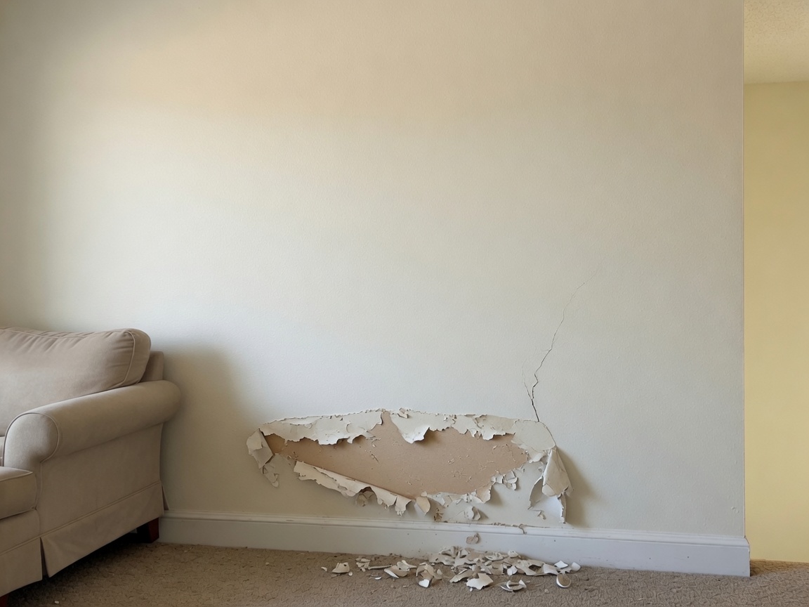 Residential drywall wall with hole and impact damage before repair