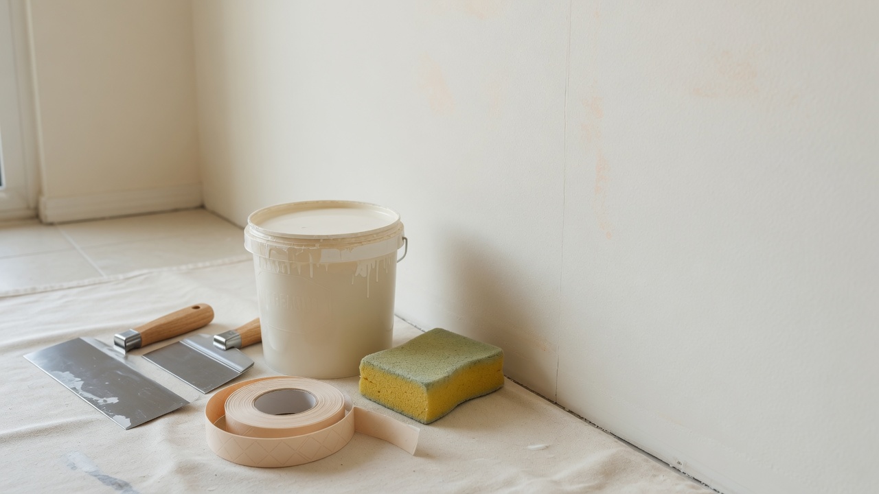 Drywall repair materials and primed residential wall ready for finish