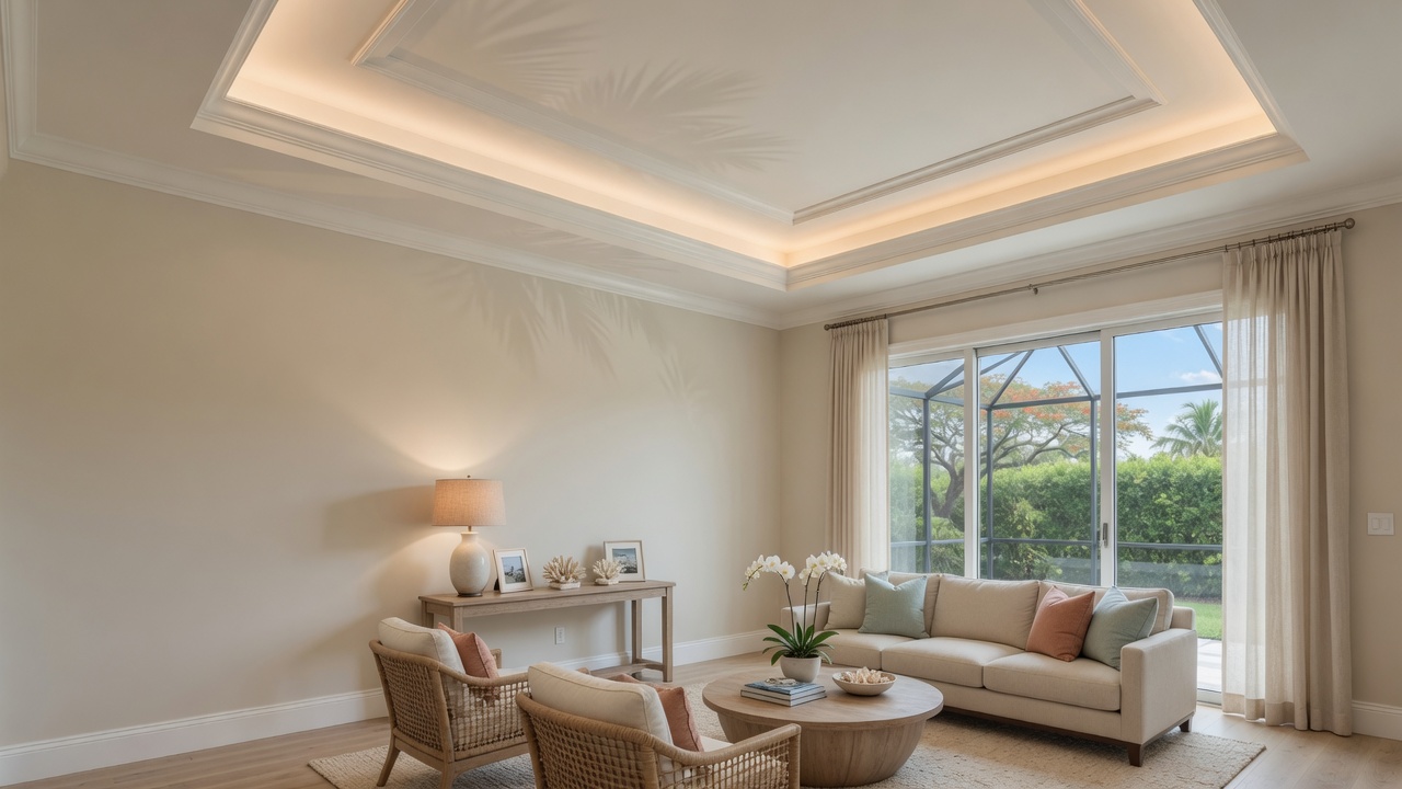 Finished living room with tray ceiling and smooth drywall