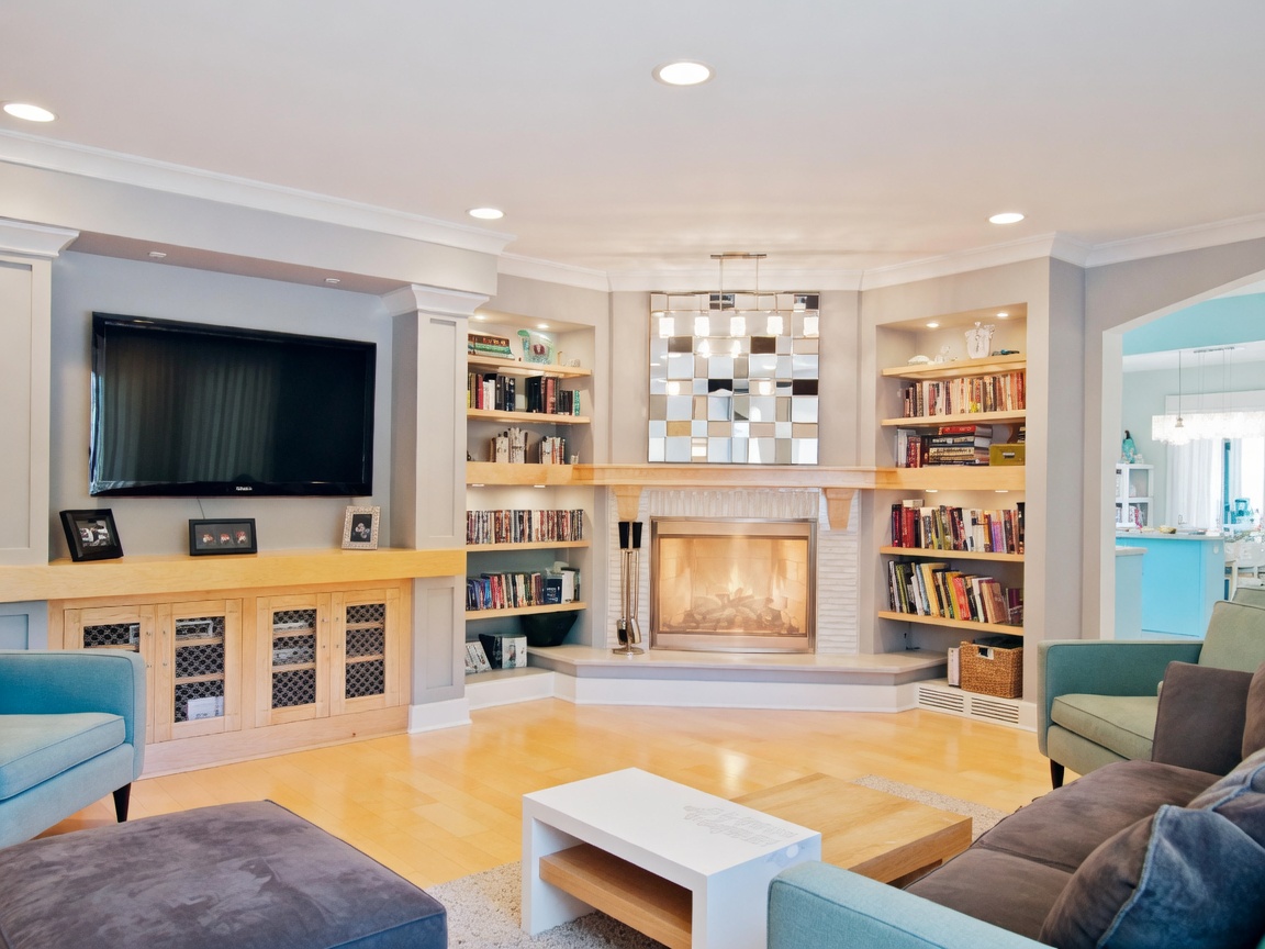 Residential living room with built-in drywall shelving