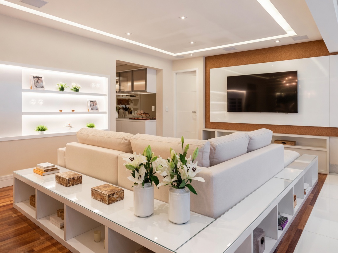 Finished residential living area with tray ceiling and media wall