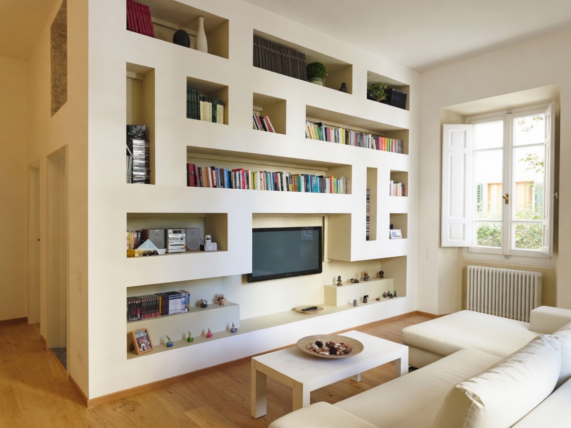 Geometric drywall niche wall in a residential living room