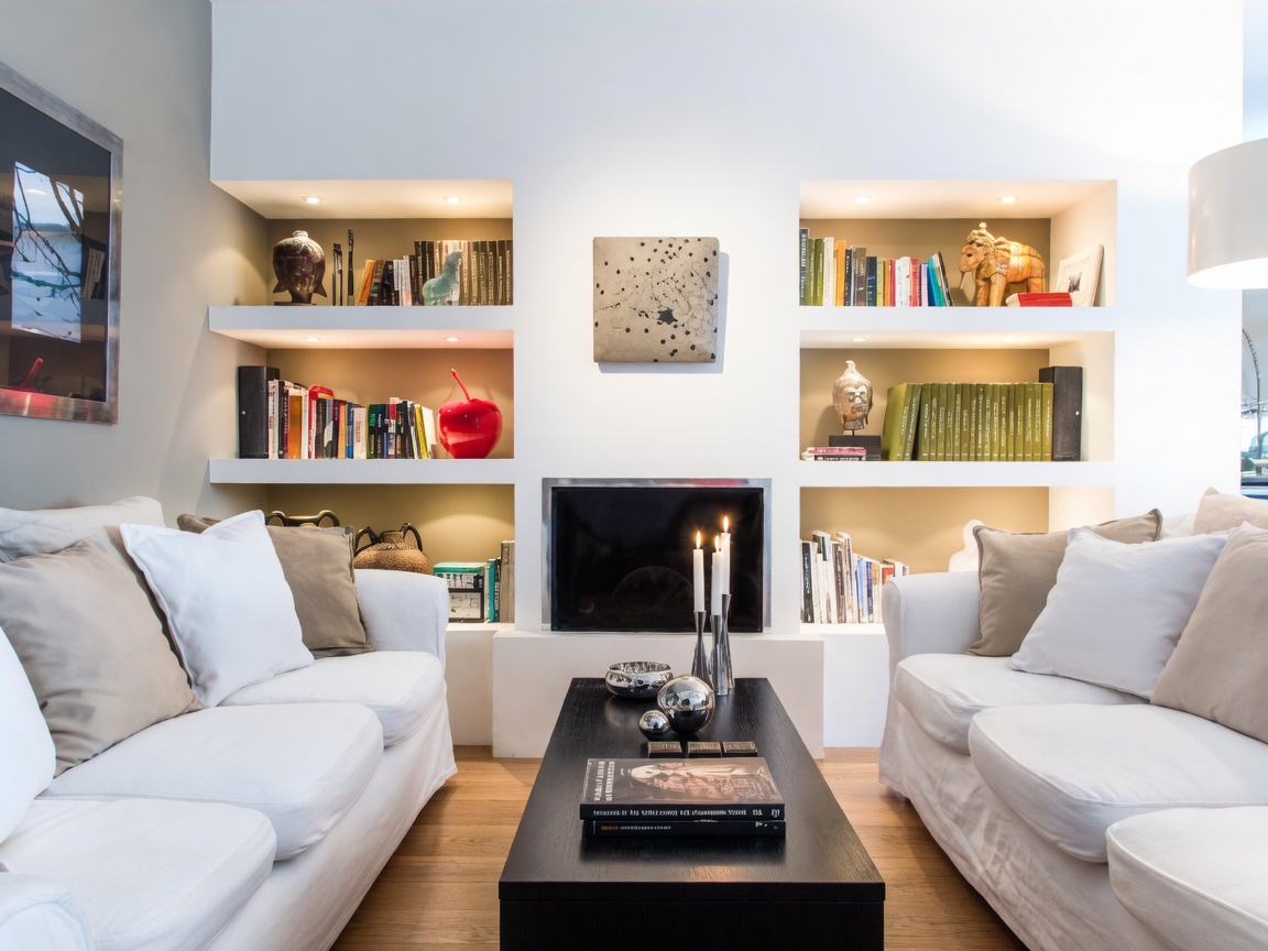 Residential fireplace wall with drywall shelves