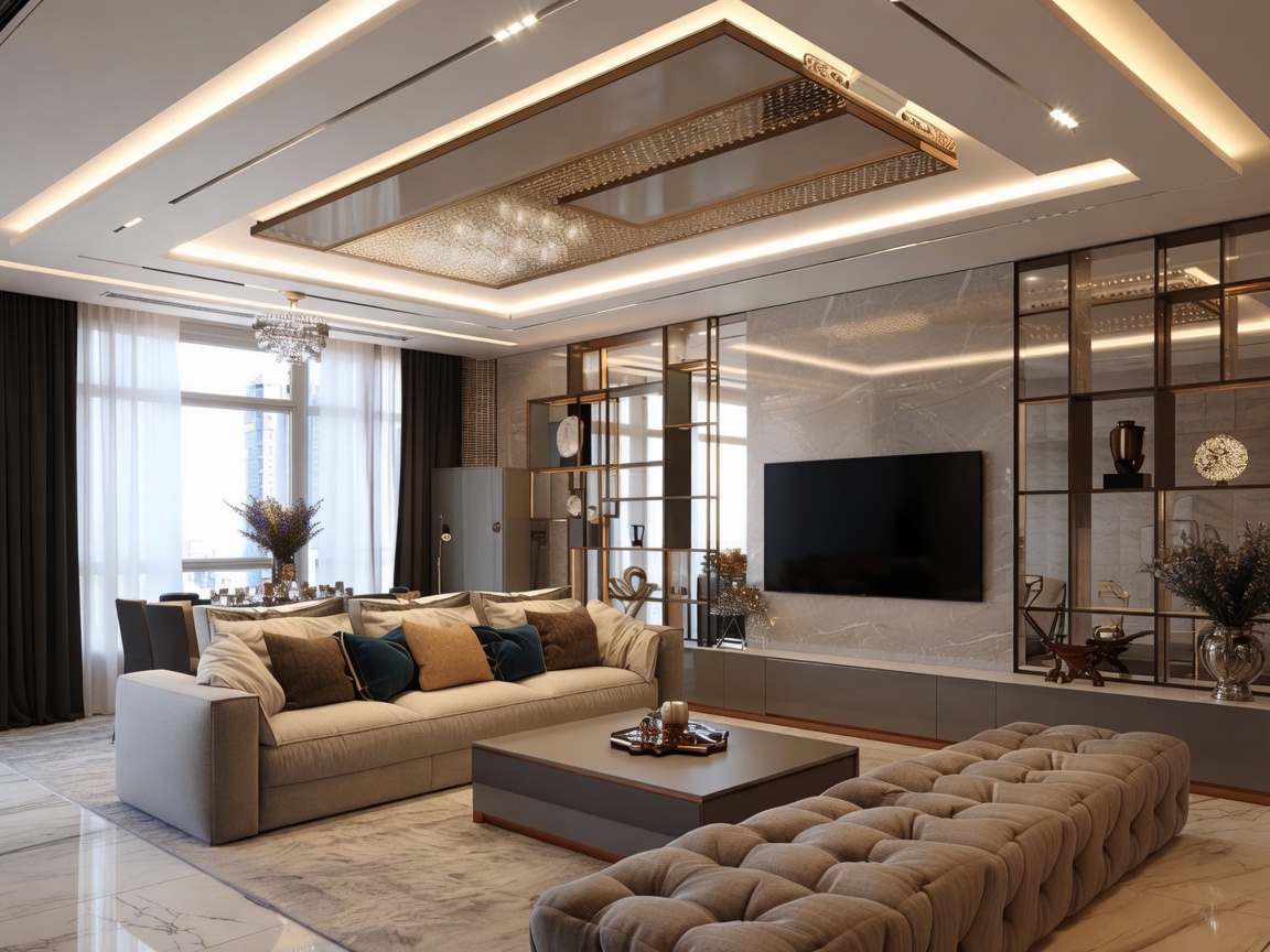 Residential living room with multi-level tray ceiling finish