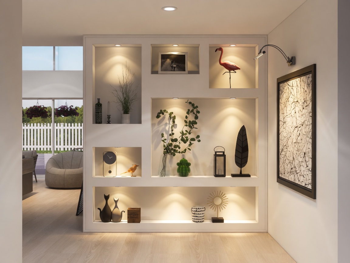 Drywall niche partition with display shelves