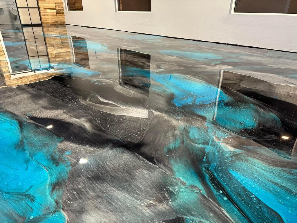 Finished blue and black metallic epoxy floor