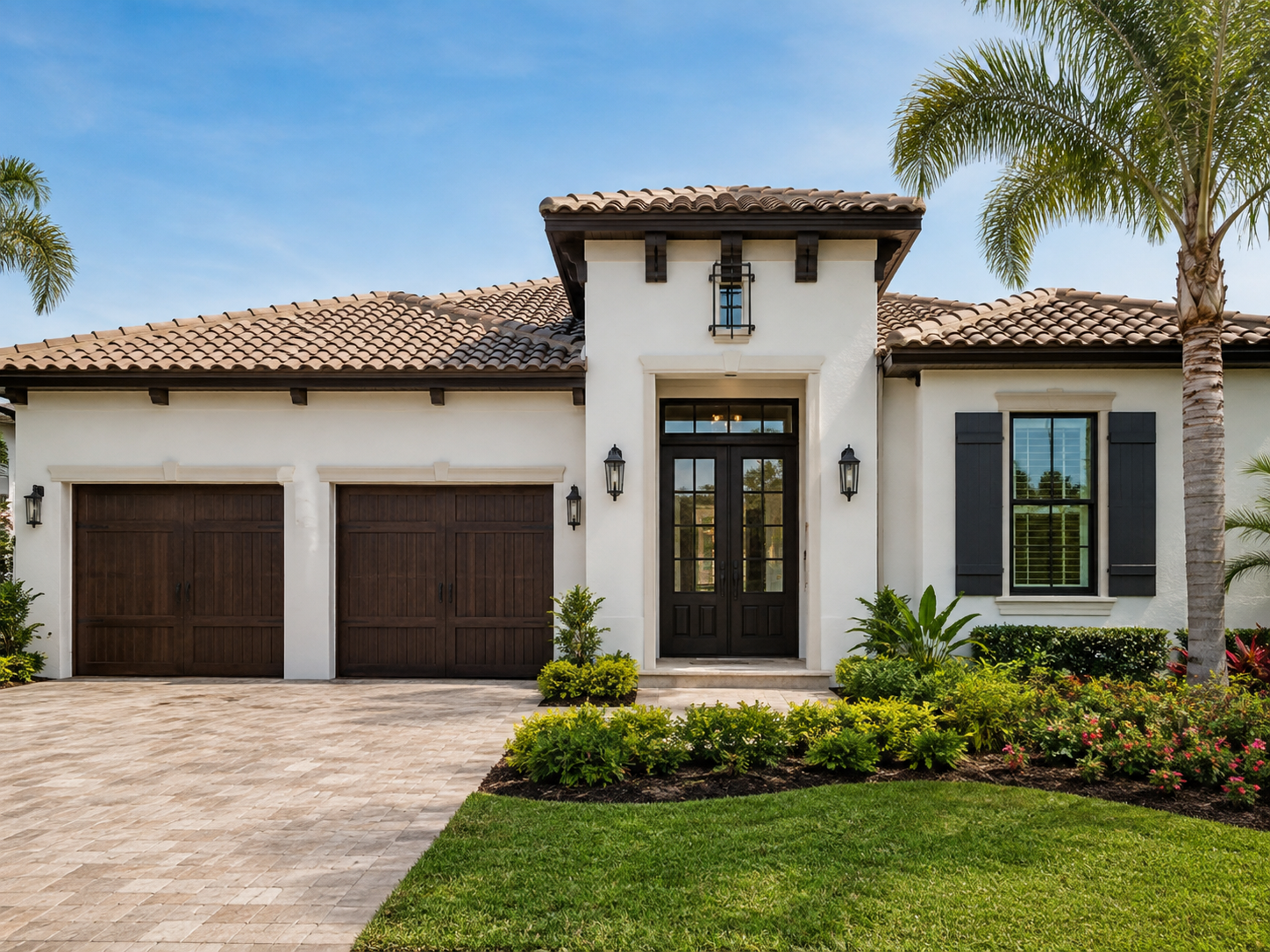 Front doors, garage doors and shutters after exterior finish work