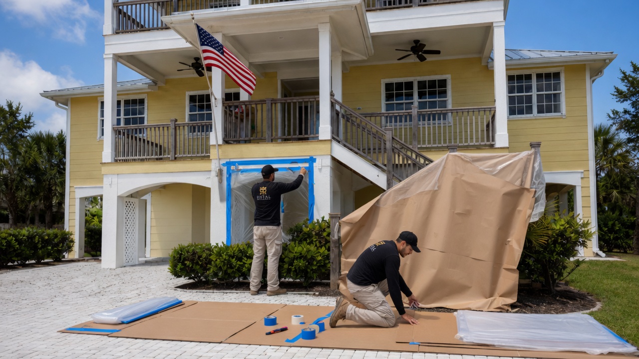Royal Renovations crew masking windows and protecting plants and hardscape before exterior painting