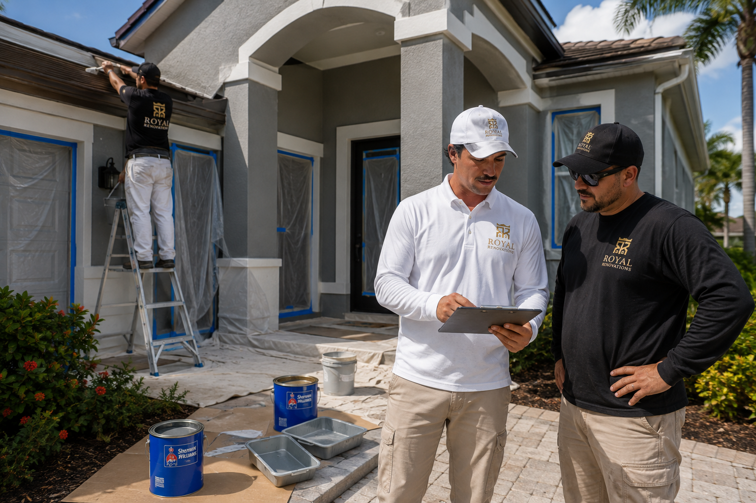 Royal Renovations crew reviewing exterior painting work on a Southwest Florida home