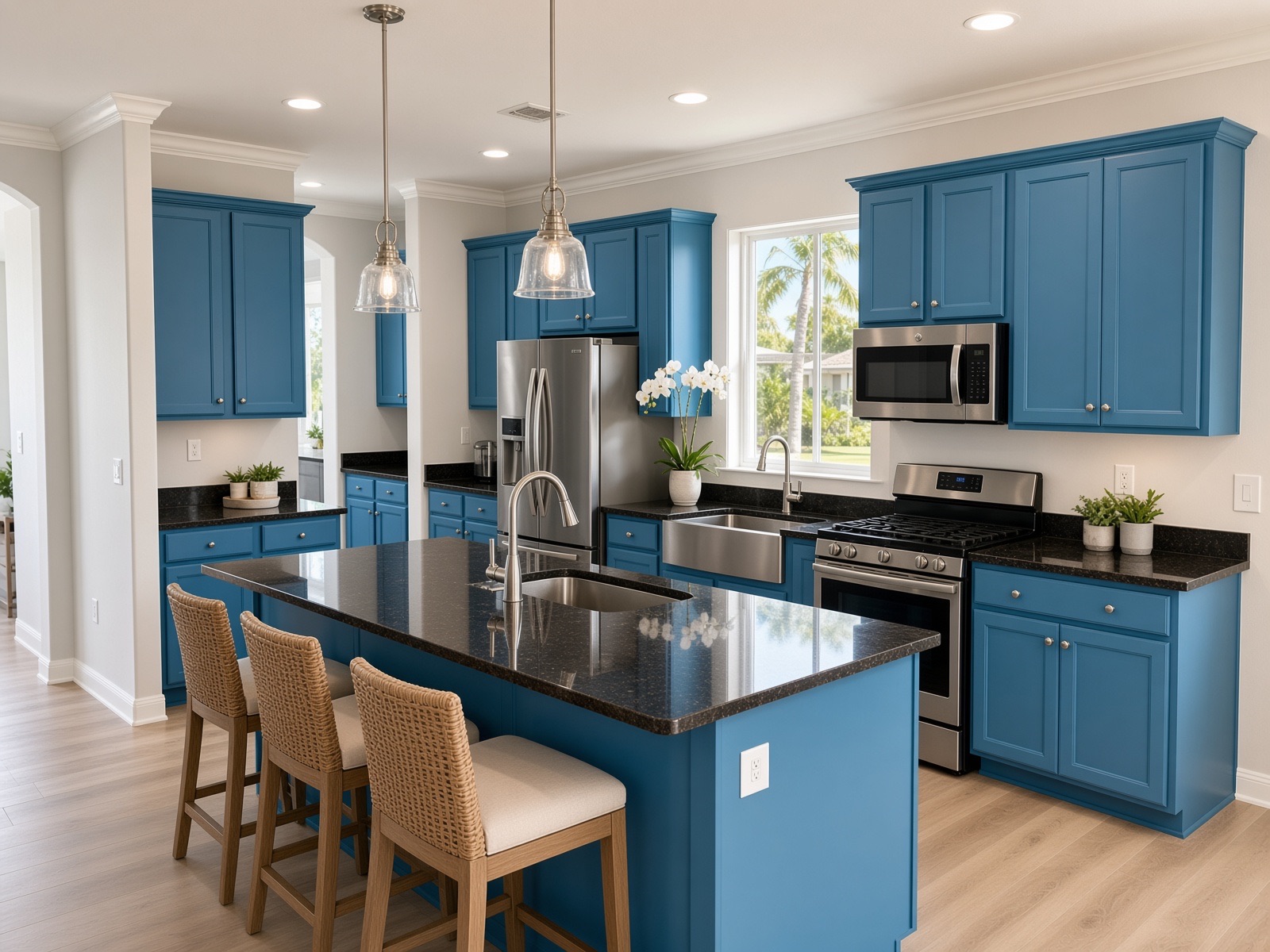 Finished kitchen with painted blue cabinets and light interior walls