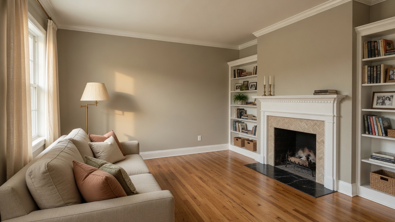 Warm finished living room with painted walls, white trim and fireplace