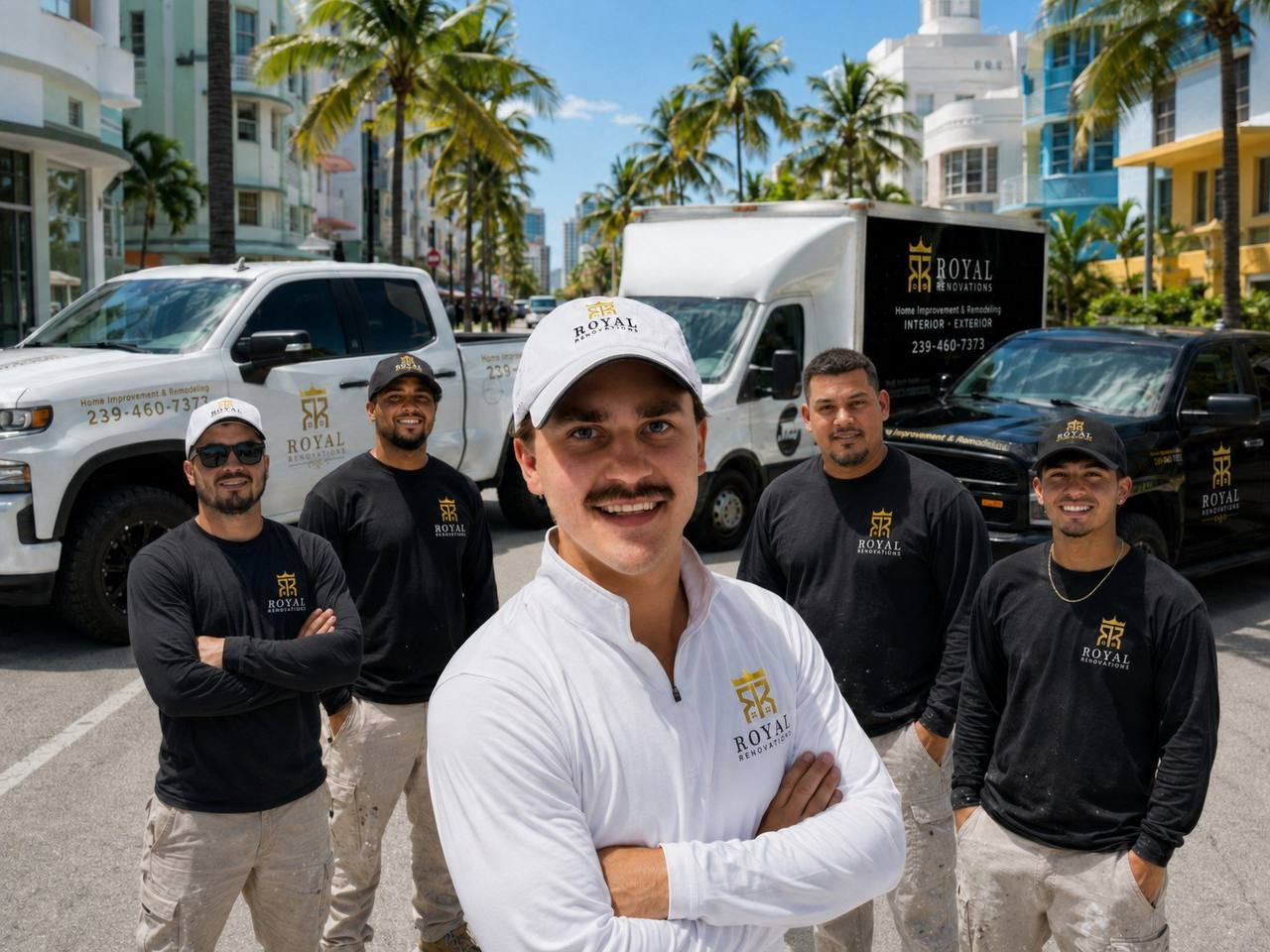 Jacob Rozalski with the Royal Renovations team and branded trucks