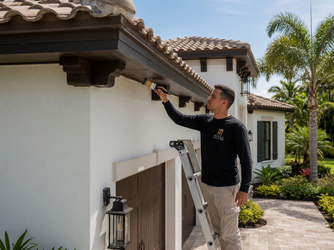 Royal Renovations painter detailing soffit, fascia and exterior trim