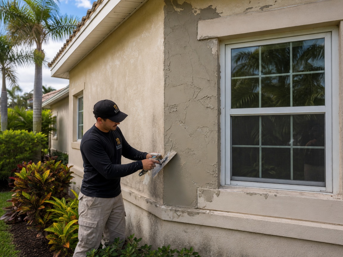 Royal Renovations crew repairing and sealing exterior stucco before painting